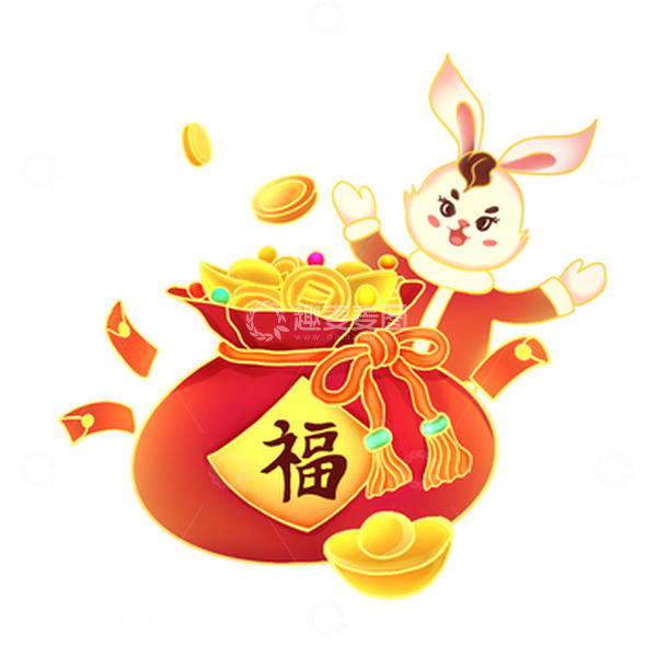 源文件下载【趣麦麦图】手绘国潮风新年兔子福袋元宝红包元素