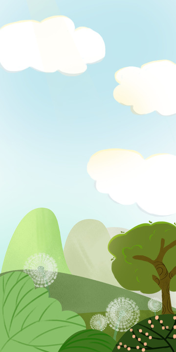 绿色大树白云灌木蒲公英手绘图