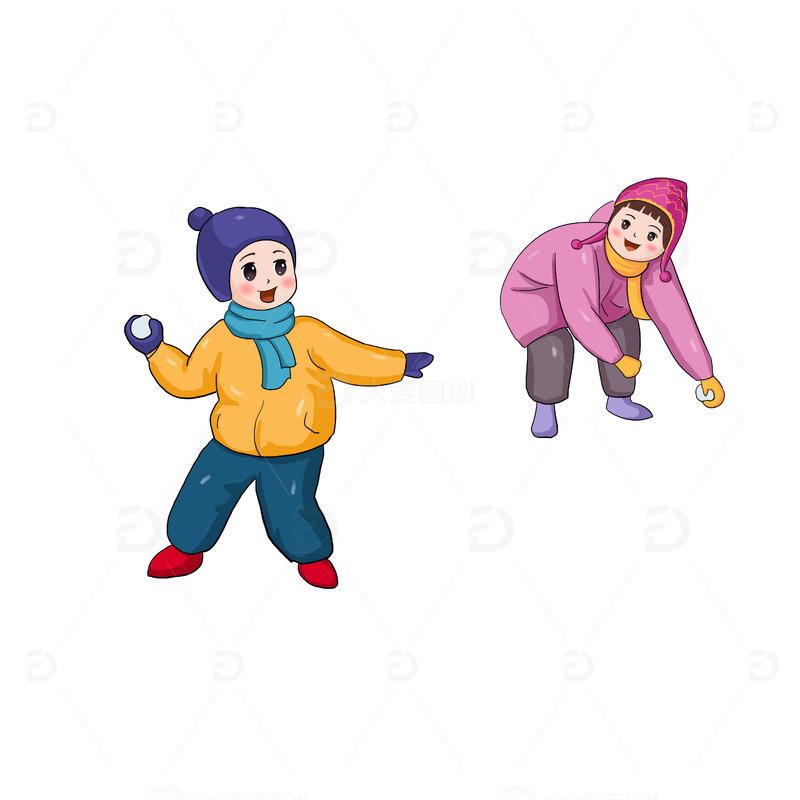 源文件下载【趣麦麦图】卡通打雪仗手绘图