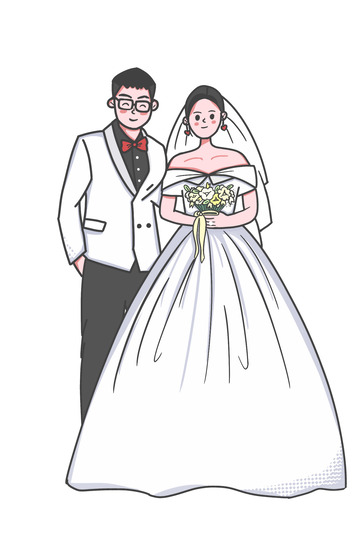 扁平穿婚纱礼服新郎新娘结婚手绘人物插图