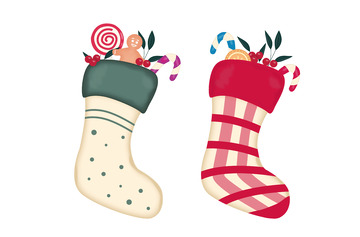 浅绿色红色卡通圣诞袜手绘圣诞袜