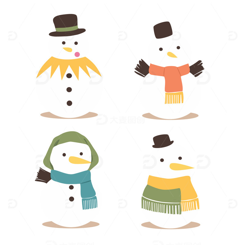 源文件下载【趣麦麦图】暖色调扁平手绘卡通戴帽子围巾的雪人