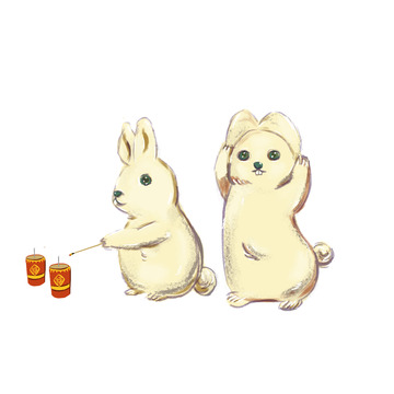 温暖春节兔子放鞭炮手绘图
