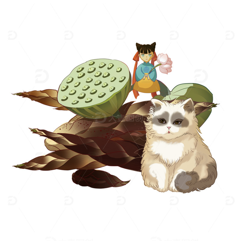 源文件下载【趣麦麦图】棕色绿色 国潮风 摘莲蓬 布偶猫  插画