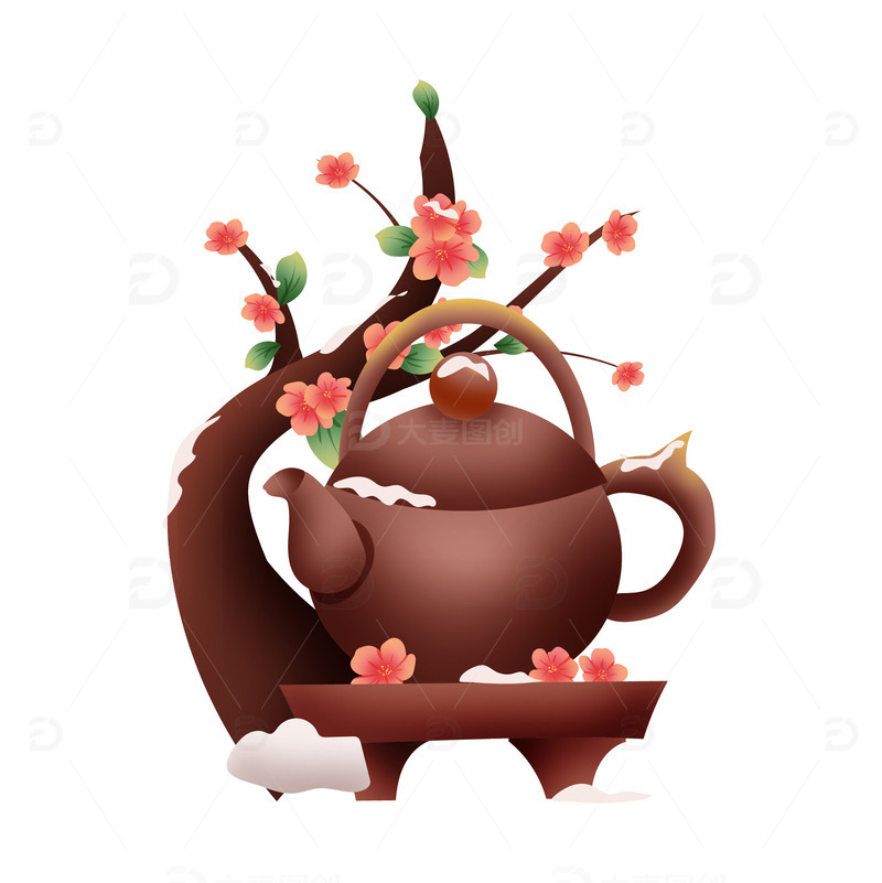源文件下载【趣麦麦图】矢量手绘冬天茶壶树枝梅花装饰元素