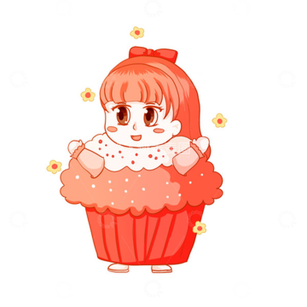 源文件下载【趣麦麦图】粉色手绘卡通纸杯蛋糕小女孩花朵甜品元素