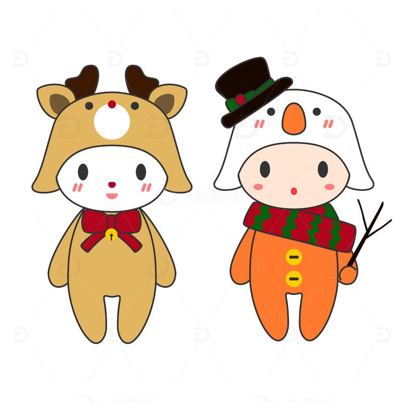 可爱卡通圣诞节平安夜麋鹿雪人娃娃矢量图