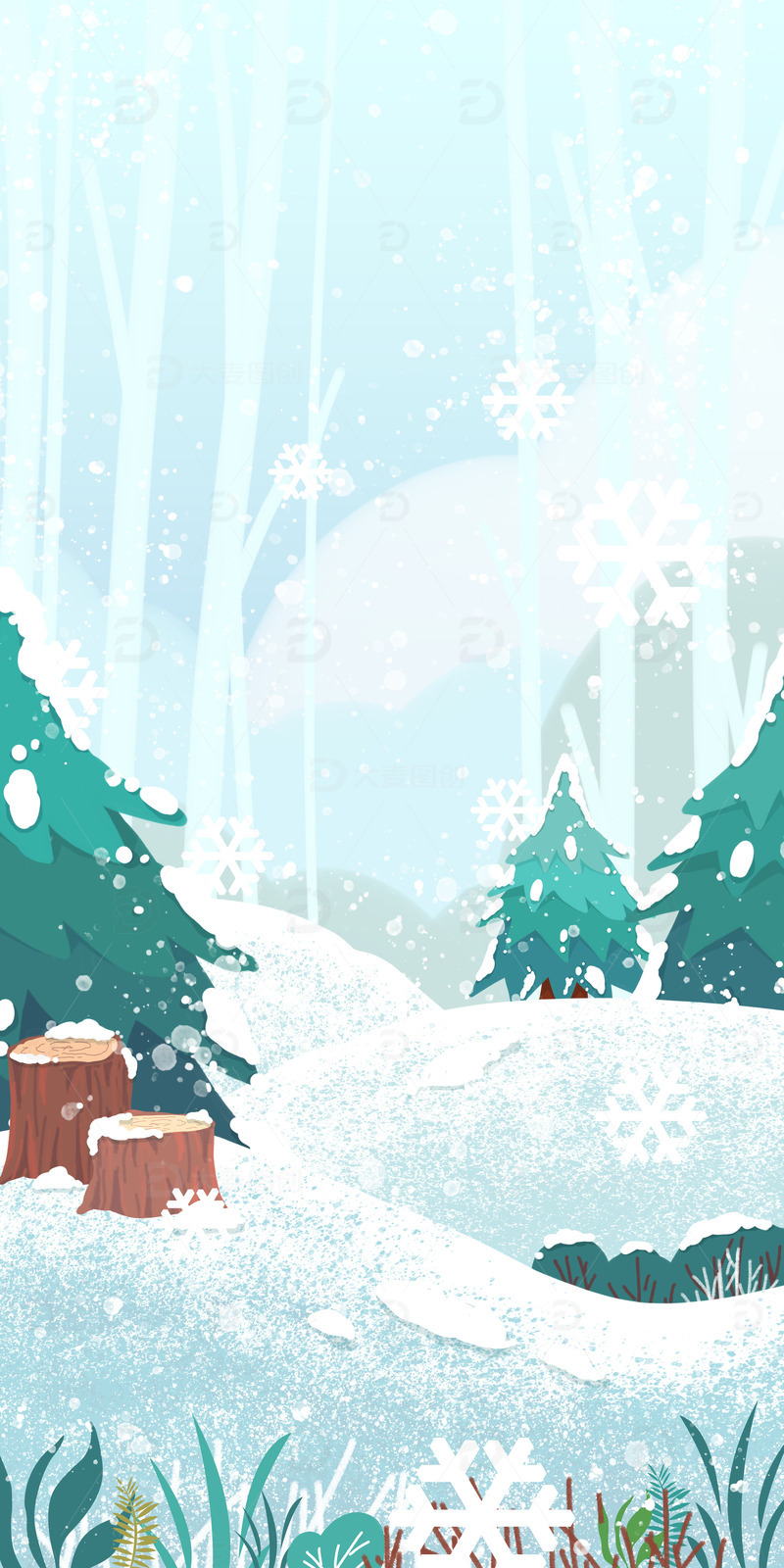 源文件下载【趣麦麦图】绿色小清新冬天大雪小雪背景手绘图