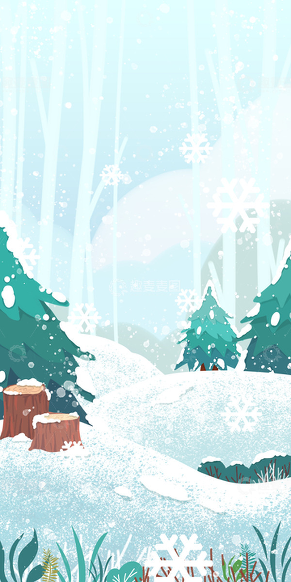 源文件下载【趣麦麦图】-绿色小清新冬天大雪小雪背景手绘图