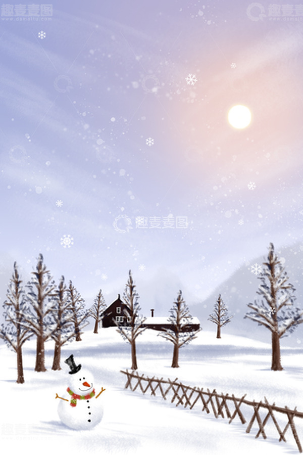 源文件下载【趣麦麦图】-蓝色小清新冬日大雪小雪暖阳氛围手绘雪景图