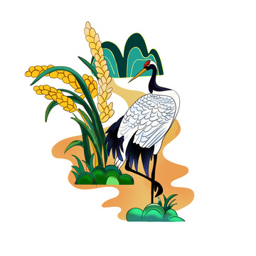 手绘国风水稻仙鹤插画