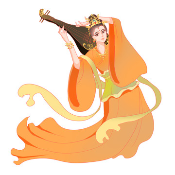 橙色手绘仙女飞天反弹琵琶古装琵琶元素