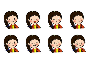 简约卡通麻花辫女生表情包八连拍手绘图