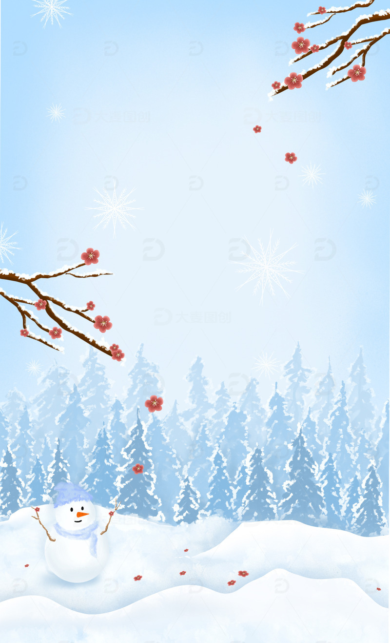 源文件下载【趣麦麦图】雪天树雪花雪人扁平简约背景