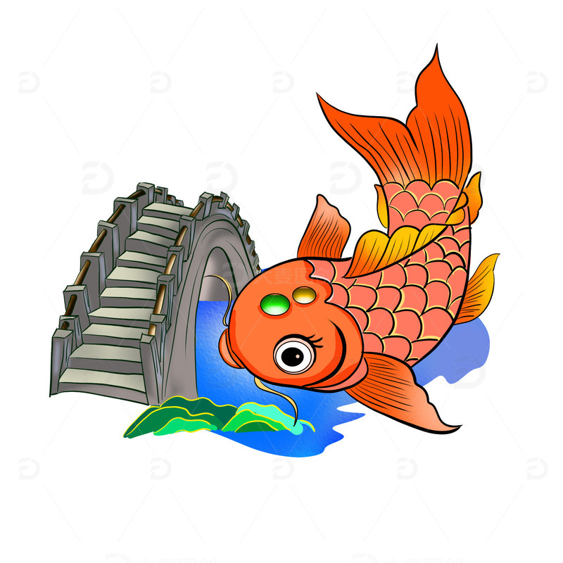手绘鲤鱼小桥如鱼得水