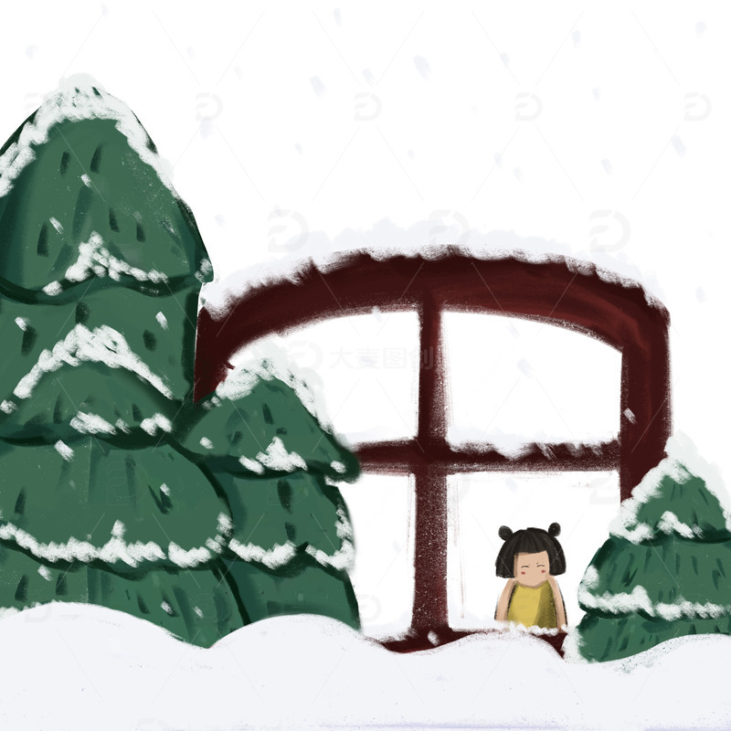 源文件下载【趣麦麦图】红色白色绿色飘雪房屋小女孩温馨手绘图
