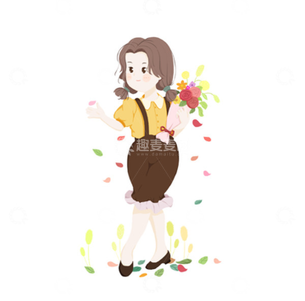 源文件下载【趣麦麦图】黄色清新捧花少女手绘图