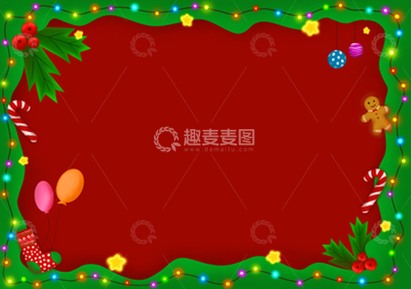 源文件下载【趣麦麦图】圣诞节彩灯边框姜饼人星星背景