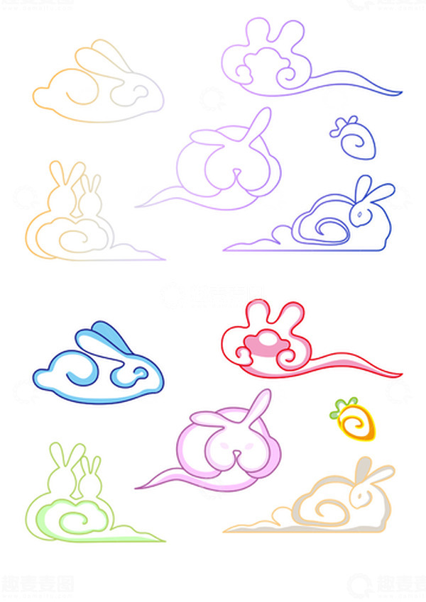 源文件下载【趣麦麦图】彩色春节兔年云朵兔子装饰线稿手绘