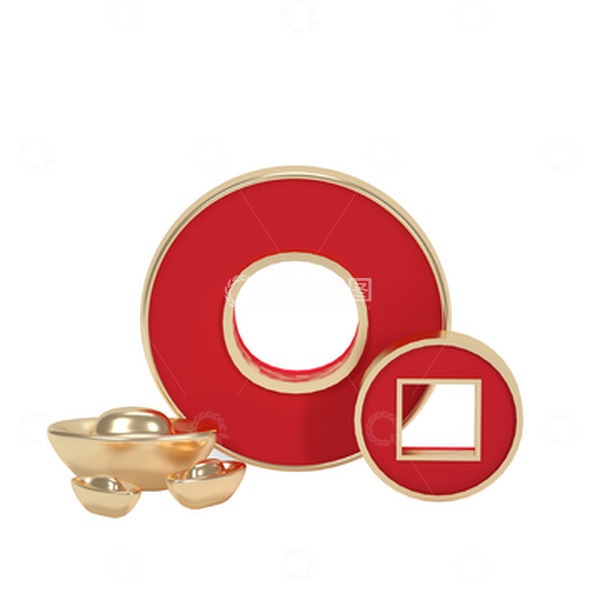 源文件下载【趣麦麦图】金色简约春节元素金元宝铜钱C4D建模