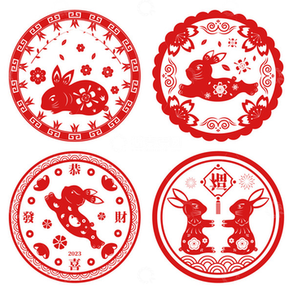 源文件下载【趣麦麦图】-2023兔年剪纸红色窗花系列