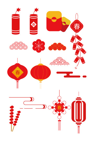 红色喜庆剪纸爆竹灯笼春节元素