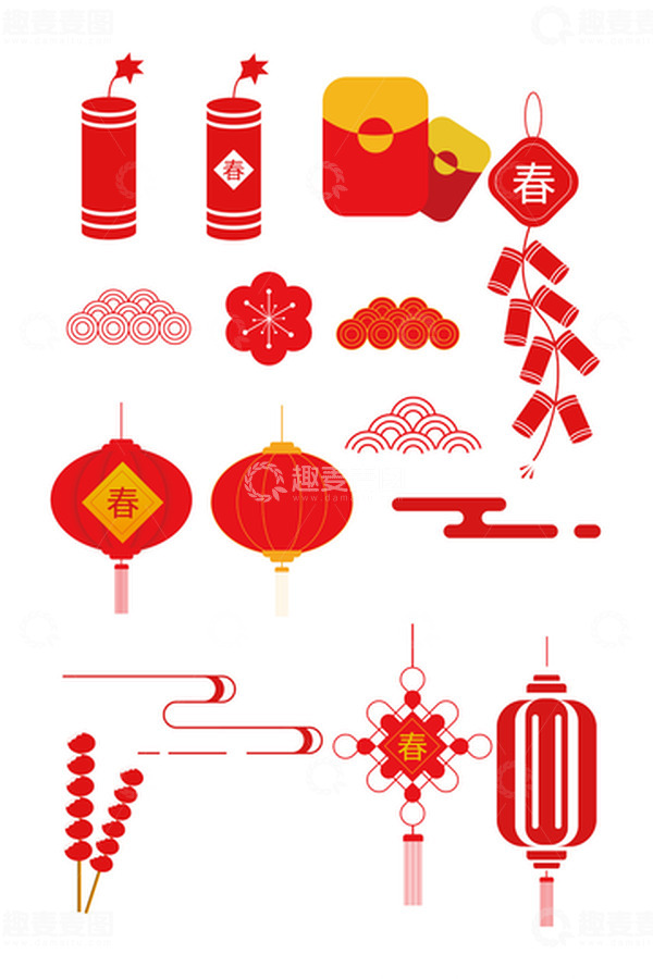 源文件下载【趣麦麦图】红色喜庆剪纸爆竹灯笼春节元素