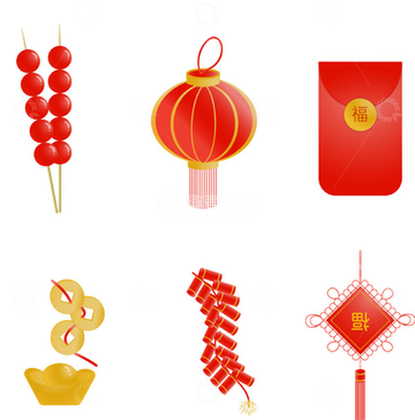 源文件下载【趣麦麦图】春节元素糖葫芦灯笼红包铜钱元宝鞭炮平安结