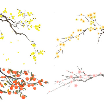 清新水墨风花树枝元素
