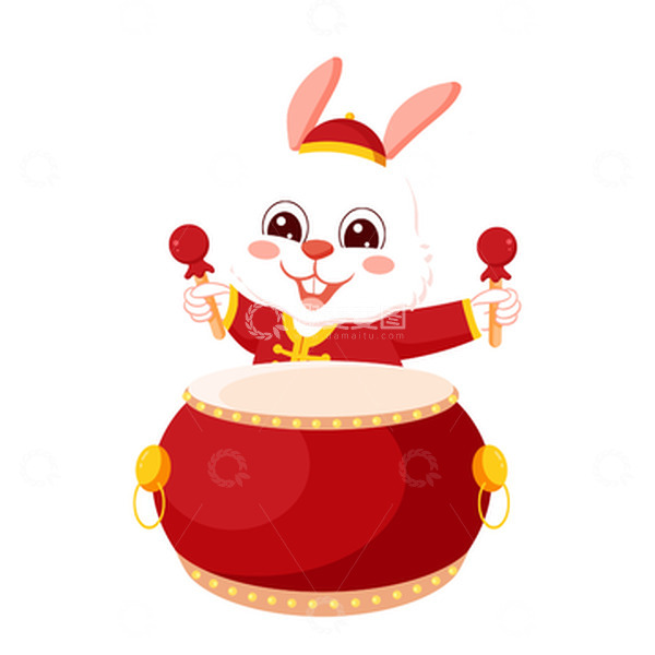 源文件下载【趣麦麦图】红色喜庆兔子敲鼓春节元素手绘