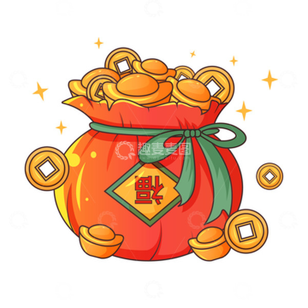 源文件下载【趣麦麦图】-新春过年福袋钱袋元宝铜钱福到手绘插画元素
