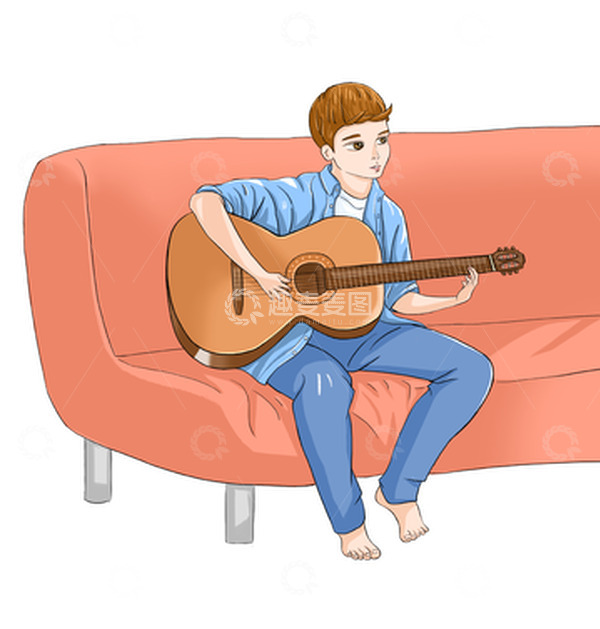 源文件下载【趣麦麦图】蓝色橘色卡通弹吉他的男孩年会手绘图