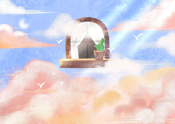粉蓝梦幻手绘云朵窗户梦幻星空插画背景