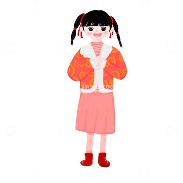 源文件下载【趣麦麦图】小女孩拜年春节手绘元素