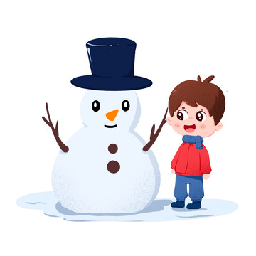 男孩冬季与高大的雪人合影免抠元素