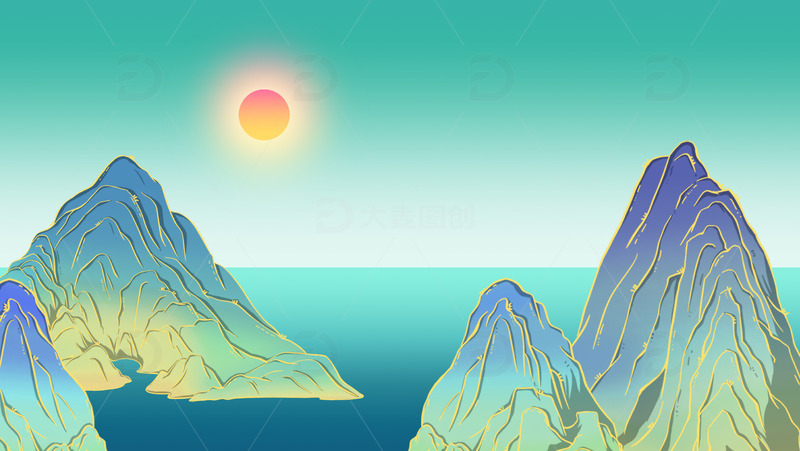 源文件下载【趣麦麦图】手绘渐变卡通国潮山水背景