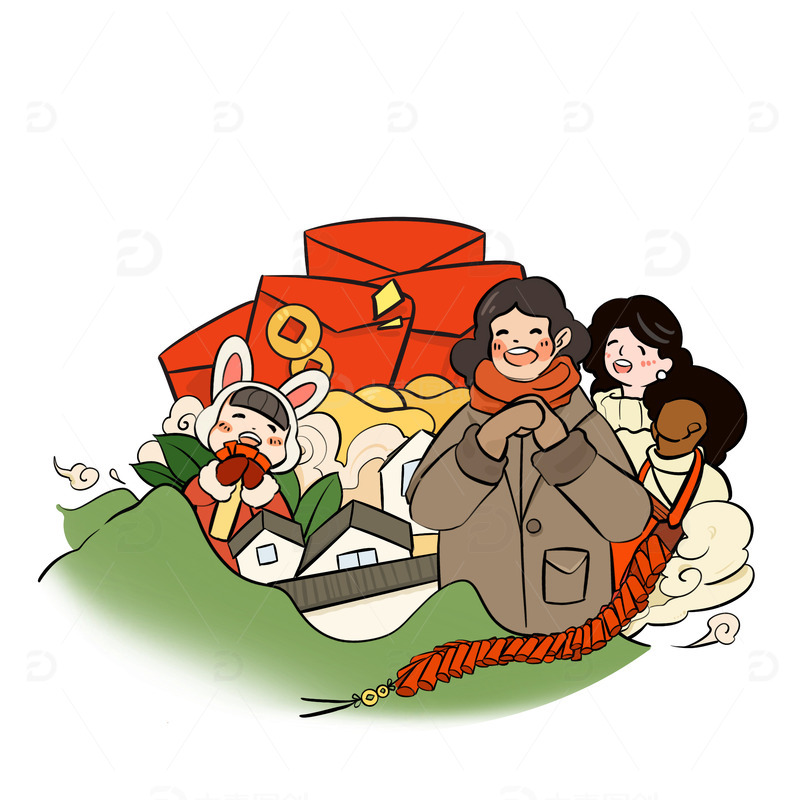 红色春节送礼拜年爆竹灯笼团圆人物手绘图