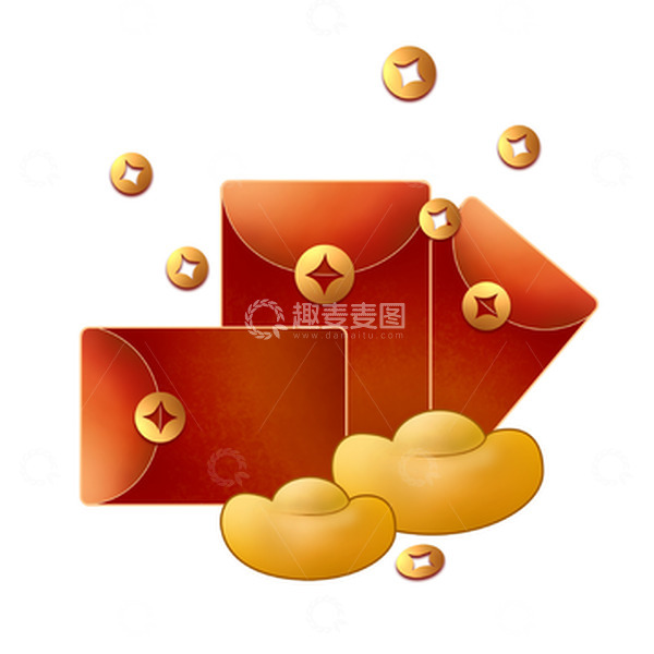 源文件下载【趣麦麦图】红金色新年春节红包元宝铜钱国潮元素