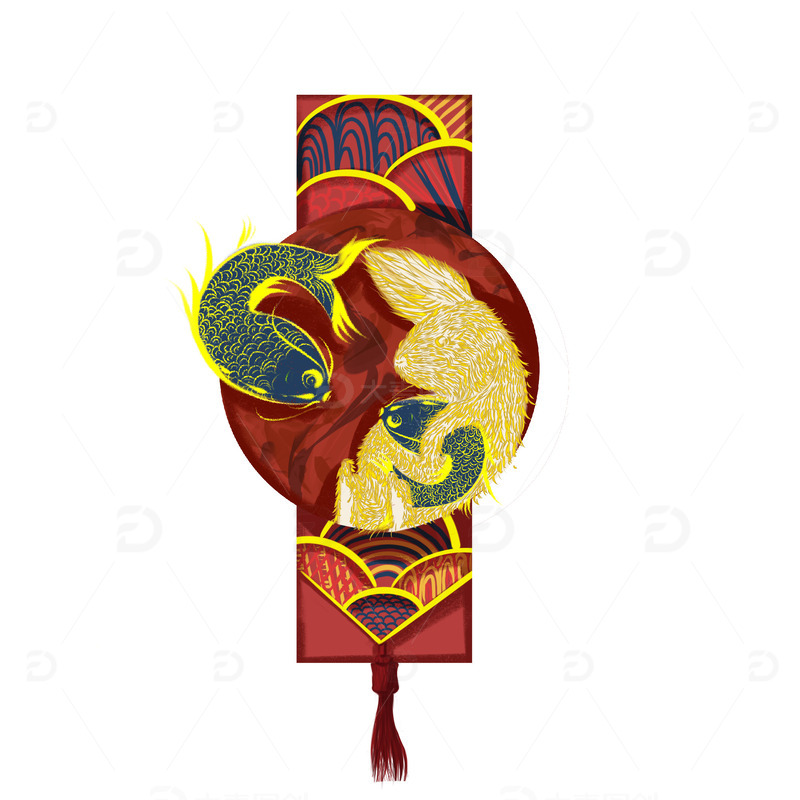 源文件下载【趣麦麦图】-红色黄色中国风喜兔抱鱼春节年画手绘福带
