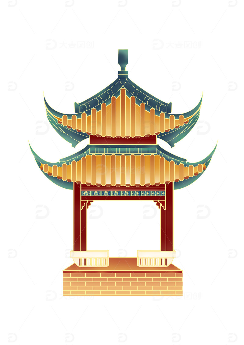 源文件下载【趣麦麦图】国潮中国风亭子手绘