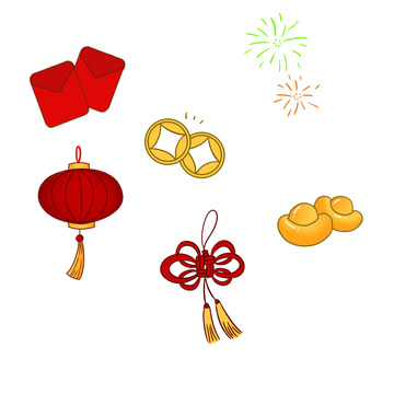 红色简约卡通钱币元宝灯笼春节元素手绘图