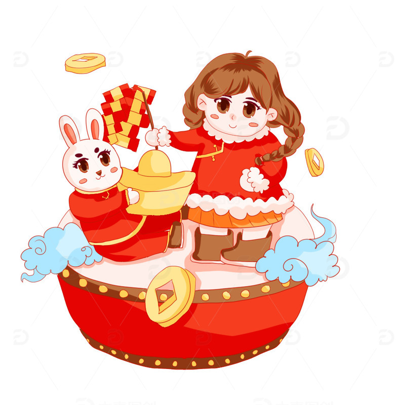 放鞭炮元宝铜钱打鼓祥云兔子小女孩春节过年