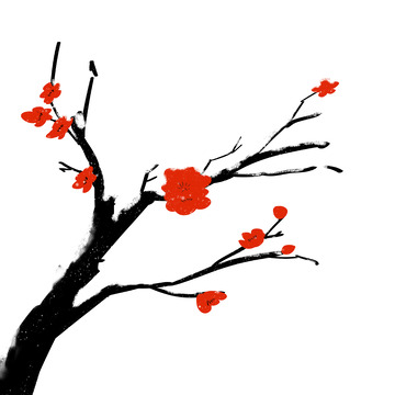 红色春节喜庆梅花雪景手绘元素