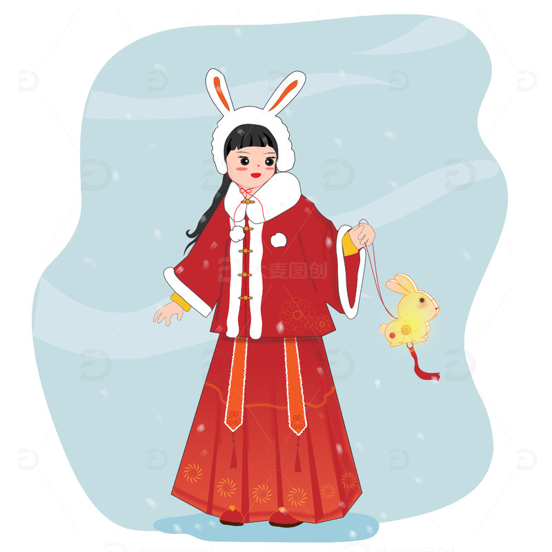 源文件下载【趣麦麦图】可爱汉服女孩兔年新年兔儿灯笼春节元素
