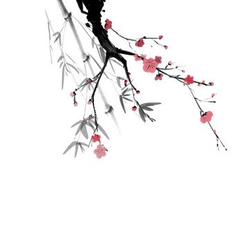 红色冬天春节梅花竹子国画手绘元素