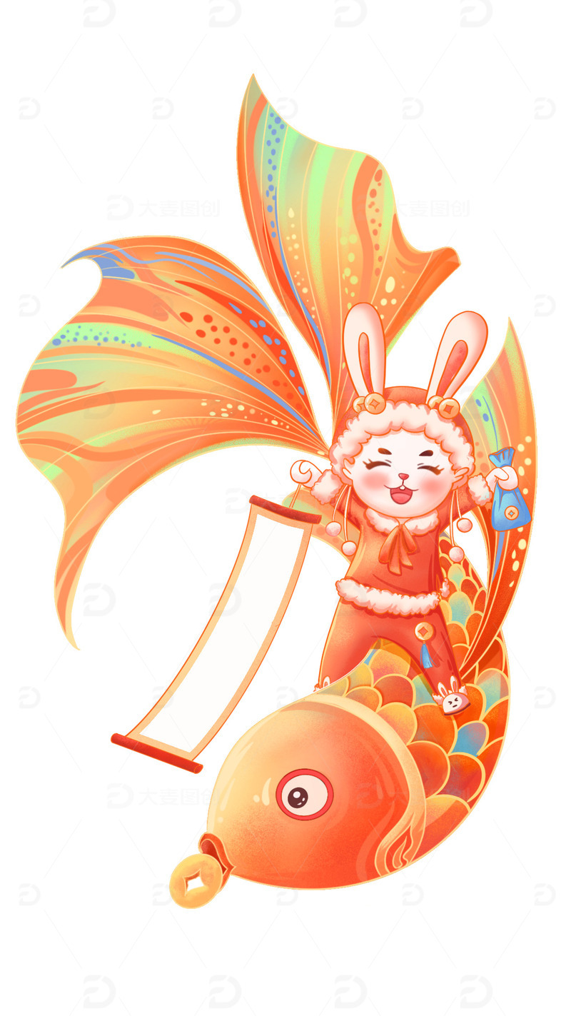 红色肌理兔年鲤鱼新年手绘图