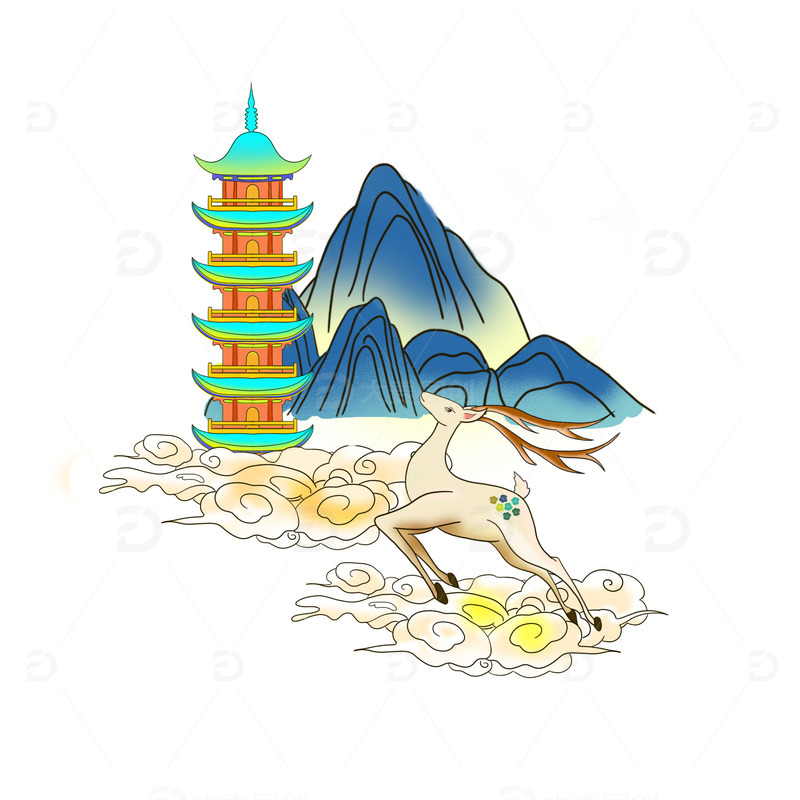 新春中国风吉祥宝塔梅花鹿插画图