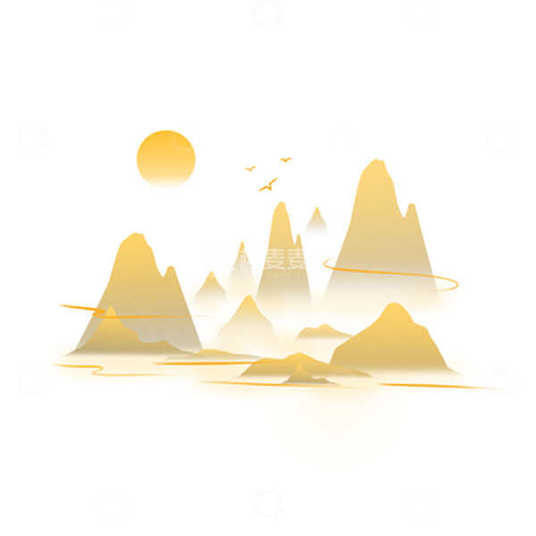 源文件下载【趣麦麦图】金色国潮风山水手绘装饰元素