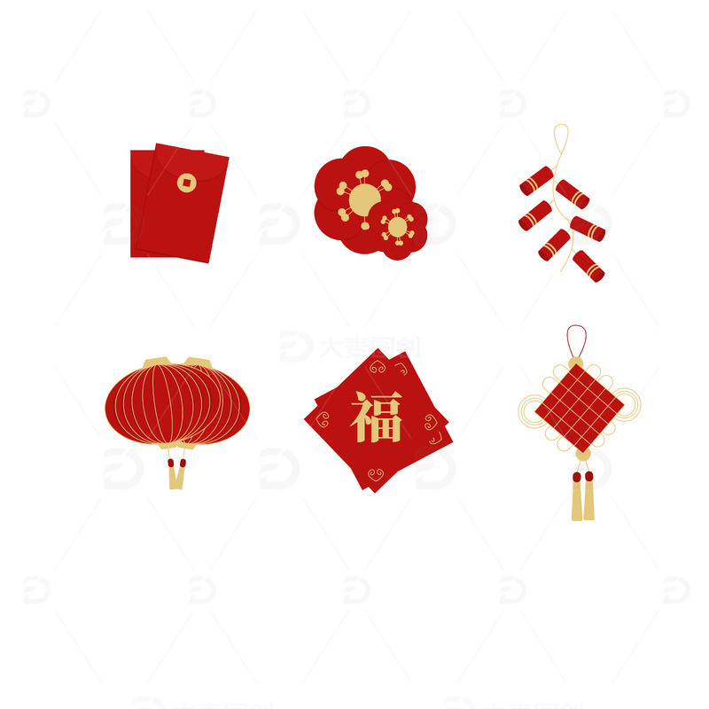 源文件下载【趣麦麦图】红色扁平风新年主题UI图标