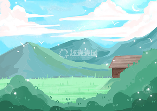 源文件下载【趣麦麦图】绿色简约插画风景手绘插画